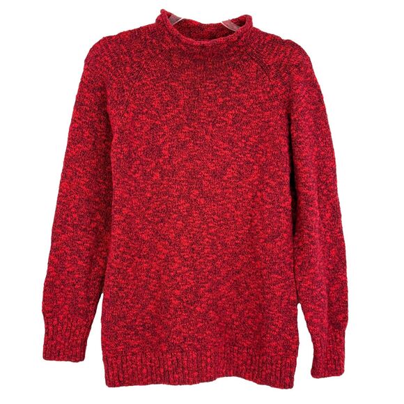 L.L. BEAN Cotton Ragg Funnel Neck Sweater L Red Currant Blue Marled EUC B70 - Picture 1 of 5